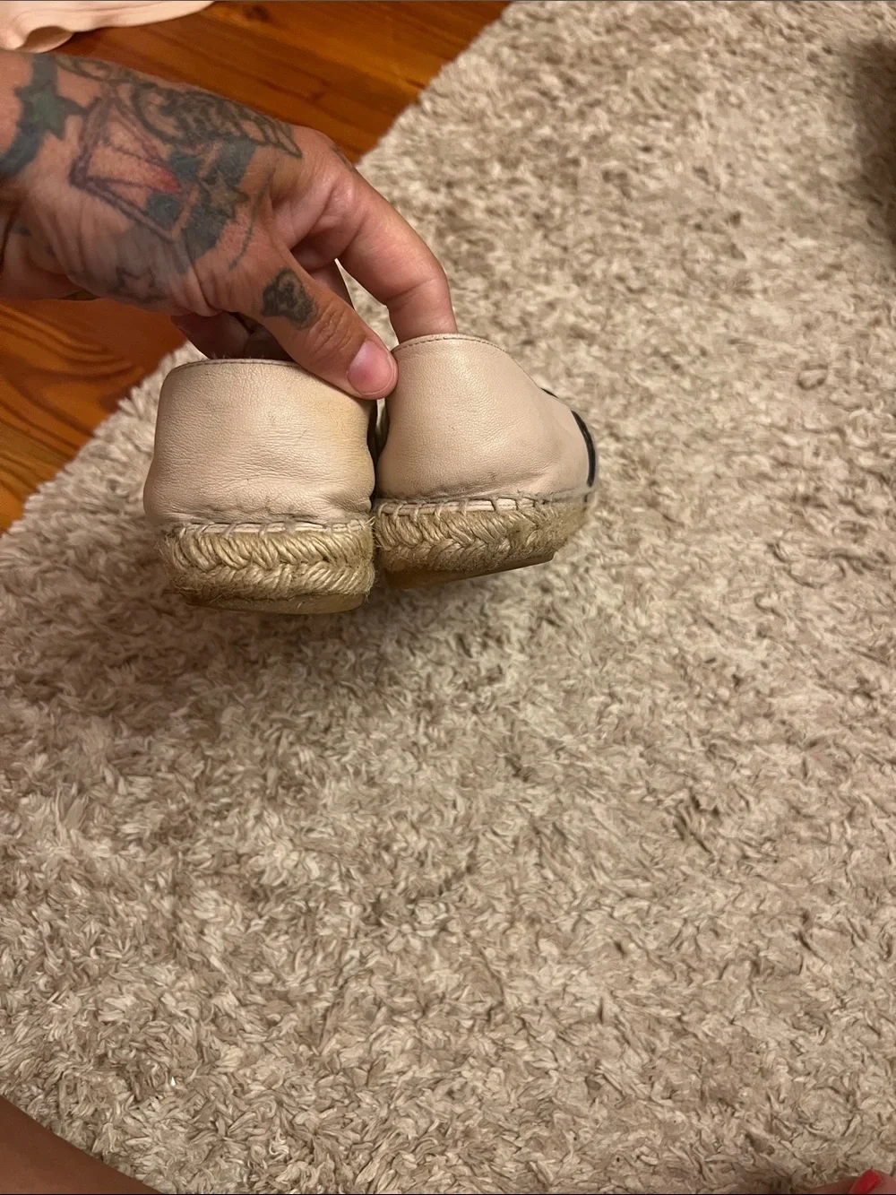 CHANEL Two-Tone Leather Espadrilles in Cream and Black with Lace Trim